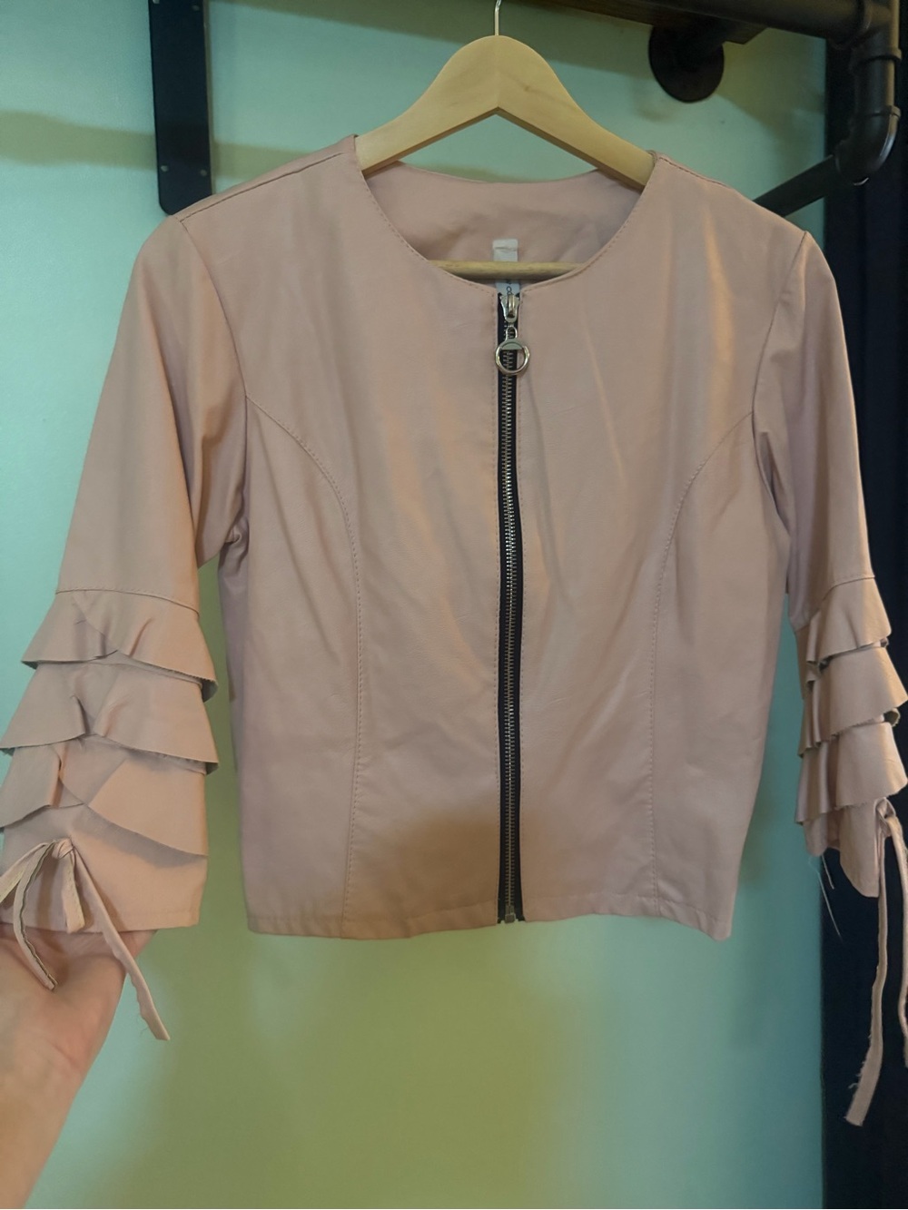 Womens Light Pink Ruffle-Sleeve Zip Leather Jacket